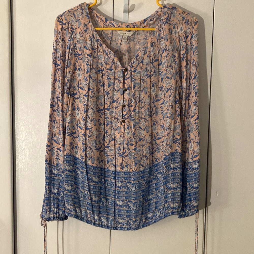 Lucky Brand Blue and Tan Buttoned Relaxed Blouse